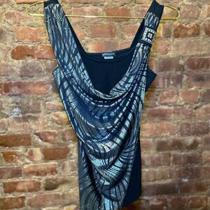 black and silver metallic draped cowl neck top